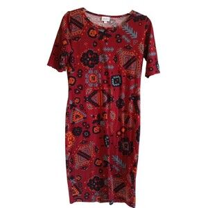 Lularoe red and multi color print long‎ t-shirt dress